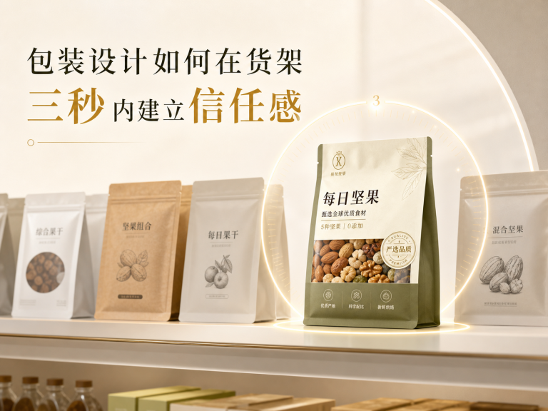 包装设计在货架上建立信任感的简约概念图