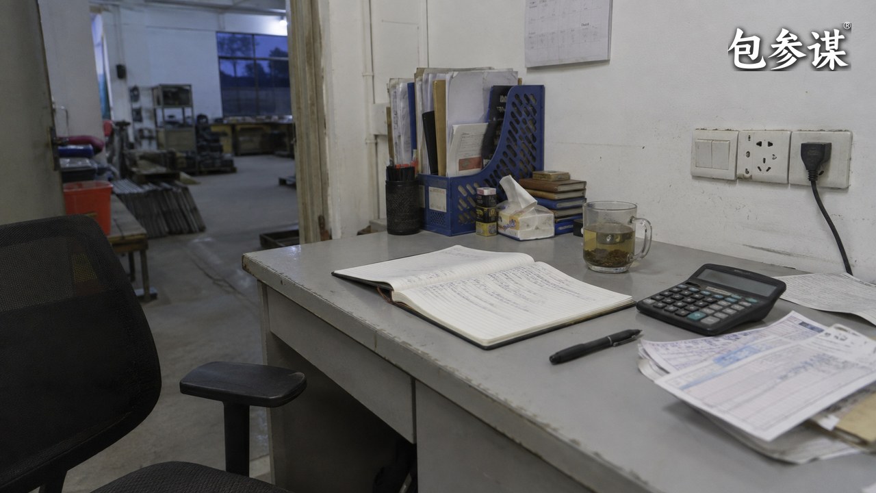 普通小企业办公室中留着账本与计算器的工作桌