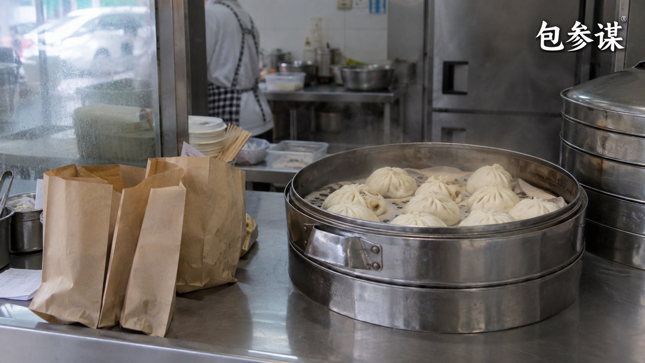 包子铺蒸笼与出餐台的经营情境示意图