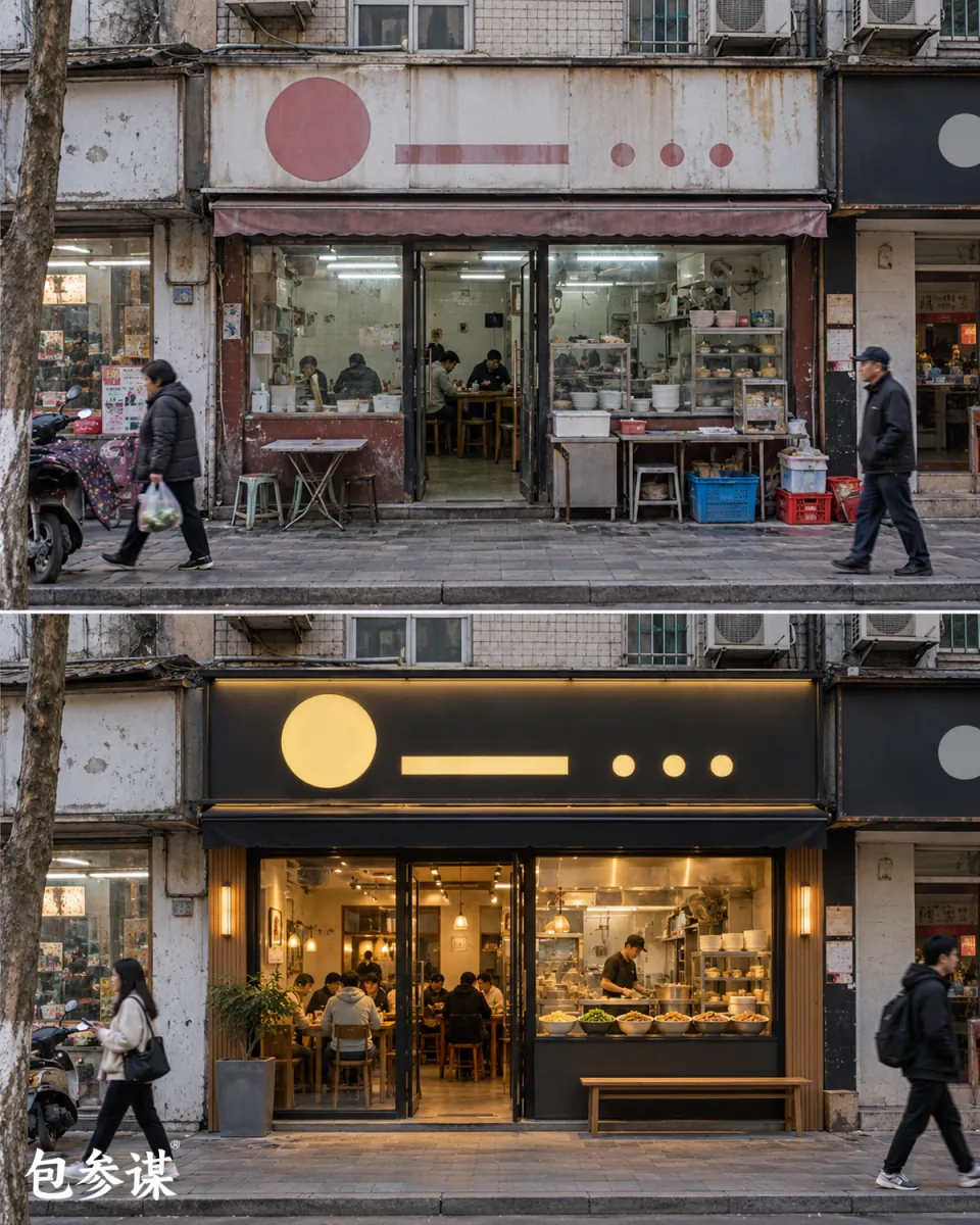 同一家餐饮门店升级前后形象对比示意