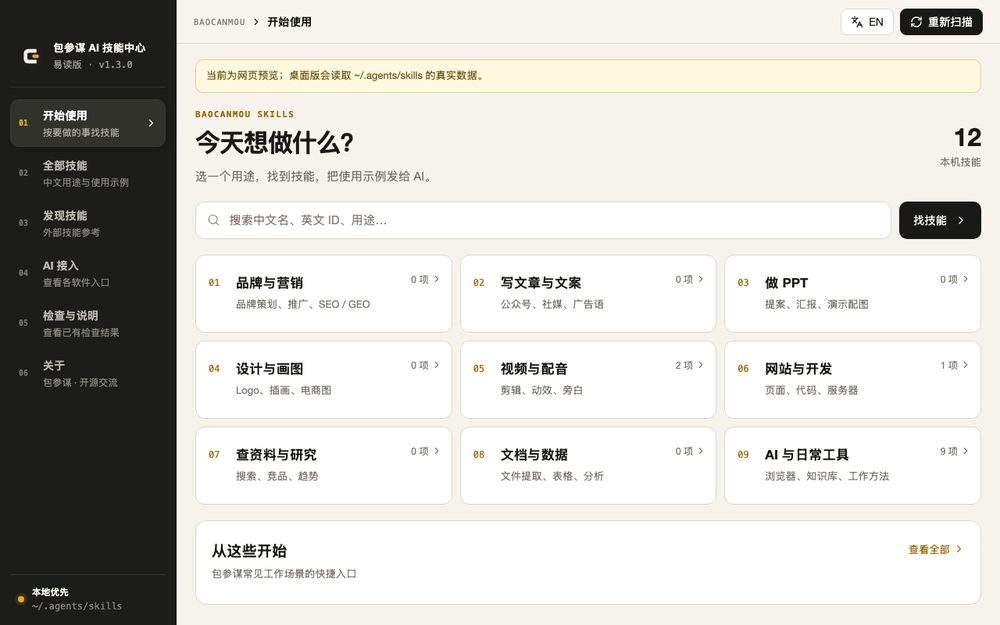 包参谋 AI 技能中心首页:按任务进入的入口
